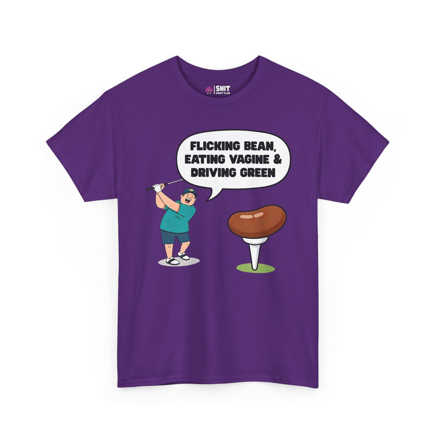 The "Flicking Bean, Eating Vagine & Driving Green" Tee is a purple stag do shirt with a cartoon golfer and a cheeky speech bubble—ideal as a rude or funny golf t-shirt for your group!.