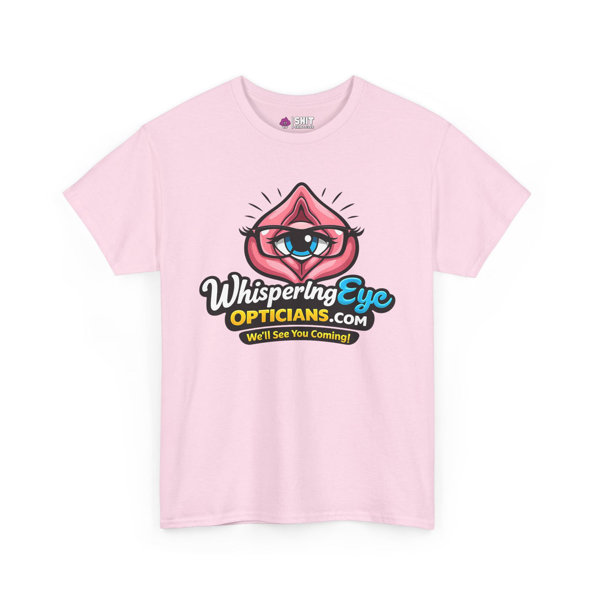 The Whispering Eye Opticians Logo Tee (We’ll See You Coming!) is a light pink stag do T-shirt featuring an eye inside a pink lip outline, bold "Whispering Eye Opticians.com" text, and the cheeky tagline below.