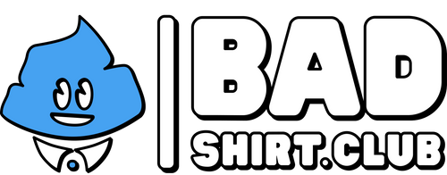 A blue cartoon poop emoji with a smiling face and collar, next to bold white text reading BAD SHIRT.CLUB on a black background.