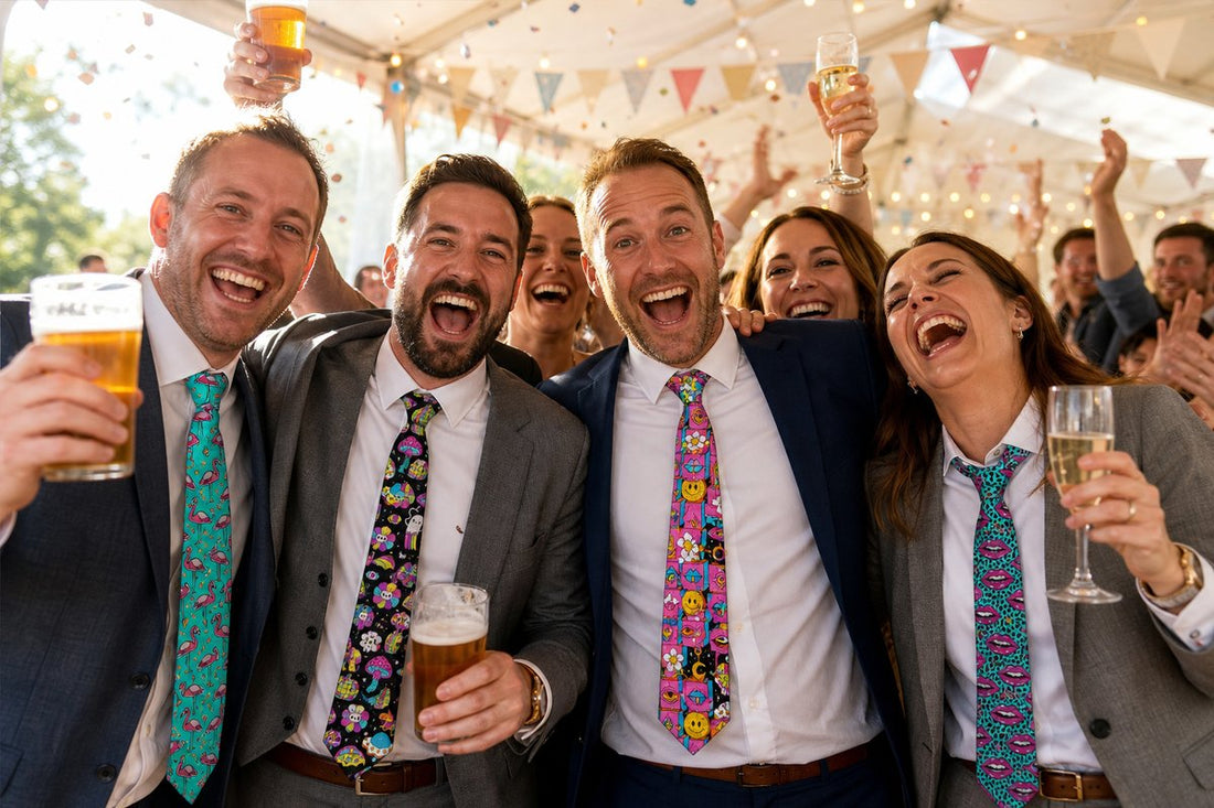 Wedding guests laughing together in suits, each wearing a bright printed loud tie