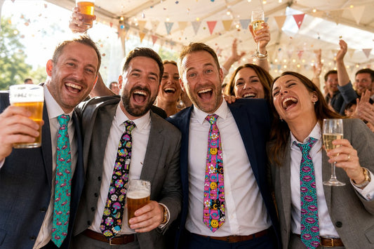 Wedding guests laughing together in suits, each wearing a bright printed loud tie