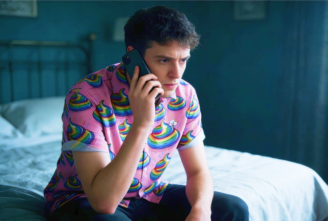Man Wearing Unicorn Poop Shirt On the Phone Looking Sad