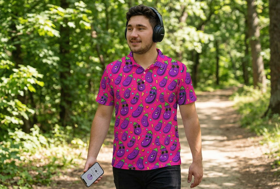 Man Wearing Jolly Todger Listening to a Podcast in the Forest