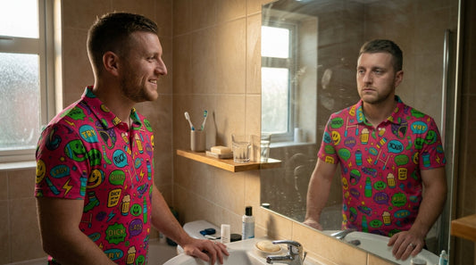 Man wearing a bad shirt looking into the mirror smiling but the reflection looks sad 