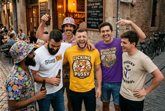 6 men on a stag do in funny shirts