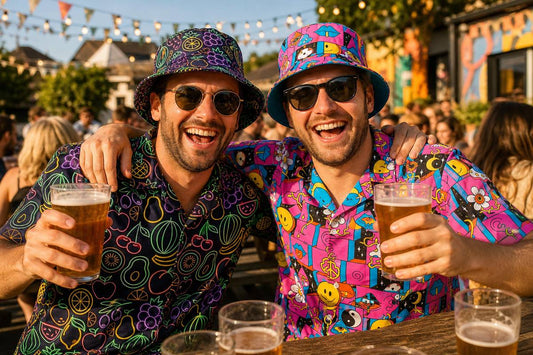Two friends in bold printed bucket hats and matching shirts laughing in a sunny beer garden