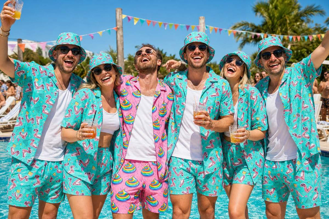 Group of friends wearing matching loud printed co-ord sets and bucket hats at a sunny poolside party