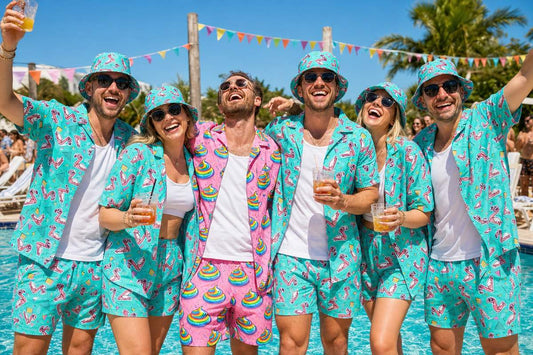 Group of friends wearing matching loud printed co-ord sets and bucket hats at a sunny poolside party