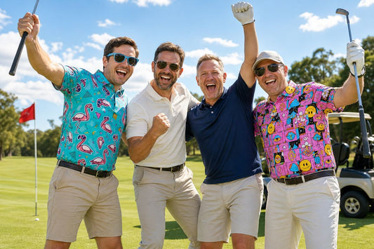 Four friends in bold, colourful golf polo shirts celebrating together on a golf course on a sunny day