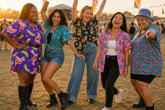 Five women at a festival wearing bold printed bad shirts styled five different ways