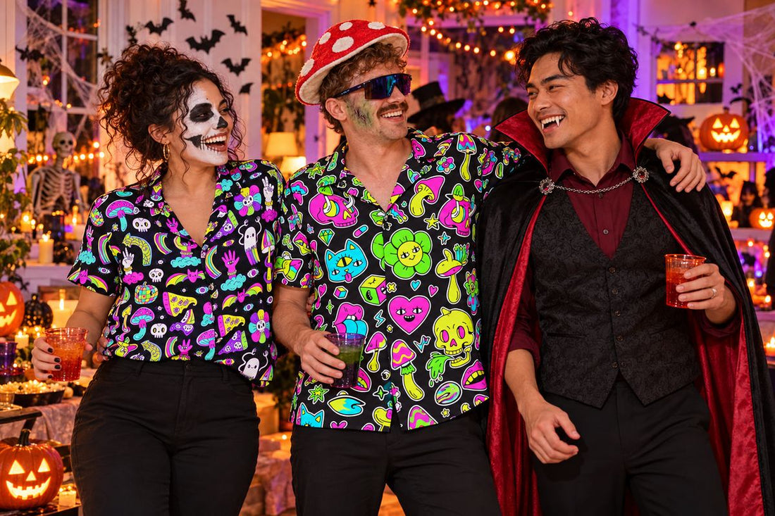 Adults at a Halloween party wearing Shroom with skeleton makeup, Black Out Mushroom with a mushroom hat, and a vampire outfit.