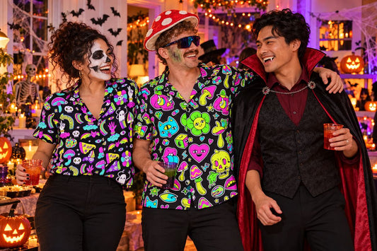 Adults at a Halloween party wearing Shroom with skeleton makeup, Black Out Mushroom with a mushroom hat, and a vampire outfit.