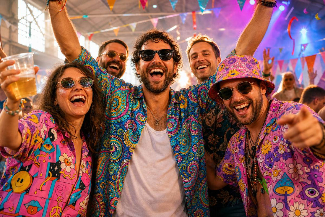 Group of friends in bright psychedelic loud shirts and a bucket hat dancing together at a warehouse rave, showing what to wear to a rave