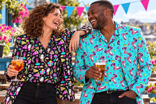 Friends wearing Shroom and Flamingo Fandango blazers with matching shirts at a sunny pub terrace