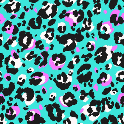 Inspired by the Turquoise Tempest Leopard Print Bucket Hat, this image features a vibrant turquoise background with bold, randomly scattered black, white, and pink leopard print spots.