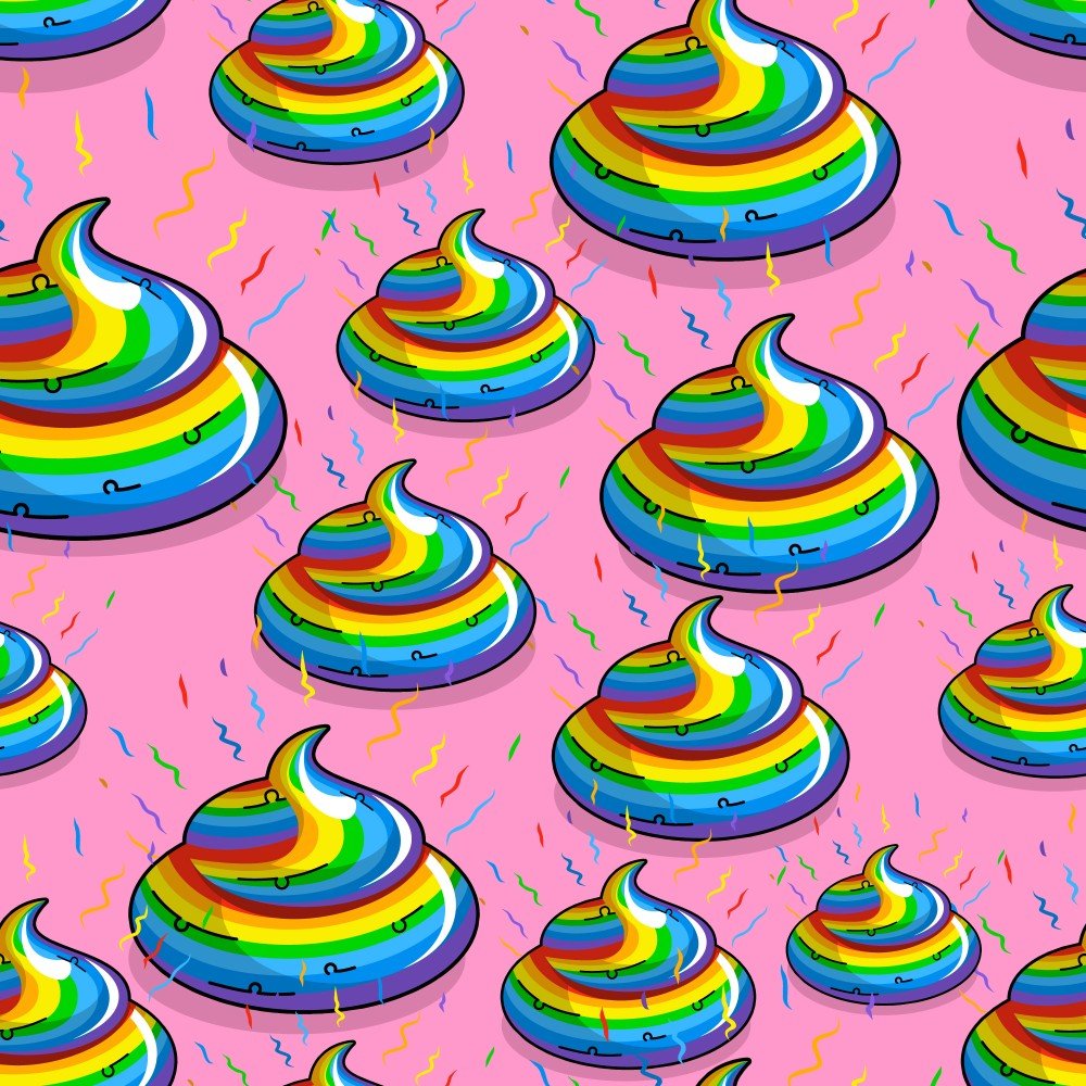 A seamless cartoon pattern of rainbow-colored poop swirls with vibrant squiggly lines on a pink background—perfect for adding a playful vibe to your Unicorn Poo Shirt or any quirky novelty tee.