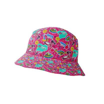 The Badass Bucket Hat features a bright pink background with playful smiley faces, rainbows, flamingos, and speech bubbles. Its wide brim and bold, fun design make it the perfect festival hat for any event.