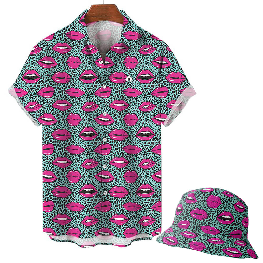 The Leopard Kiss Bad Bucket Hat features bold pink lips and leopard print on a teal background, shown with a matching short-sleeve button-up shirt, displayed on a hanger and flat surface.