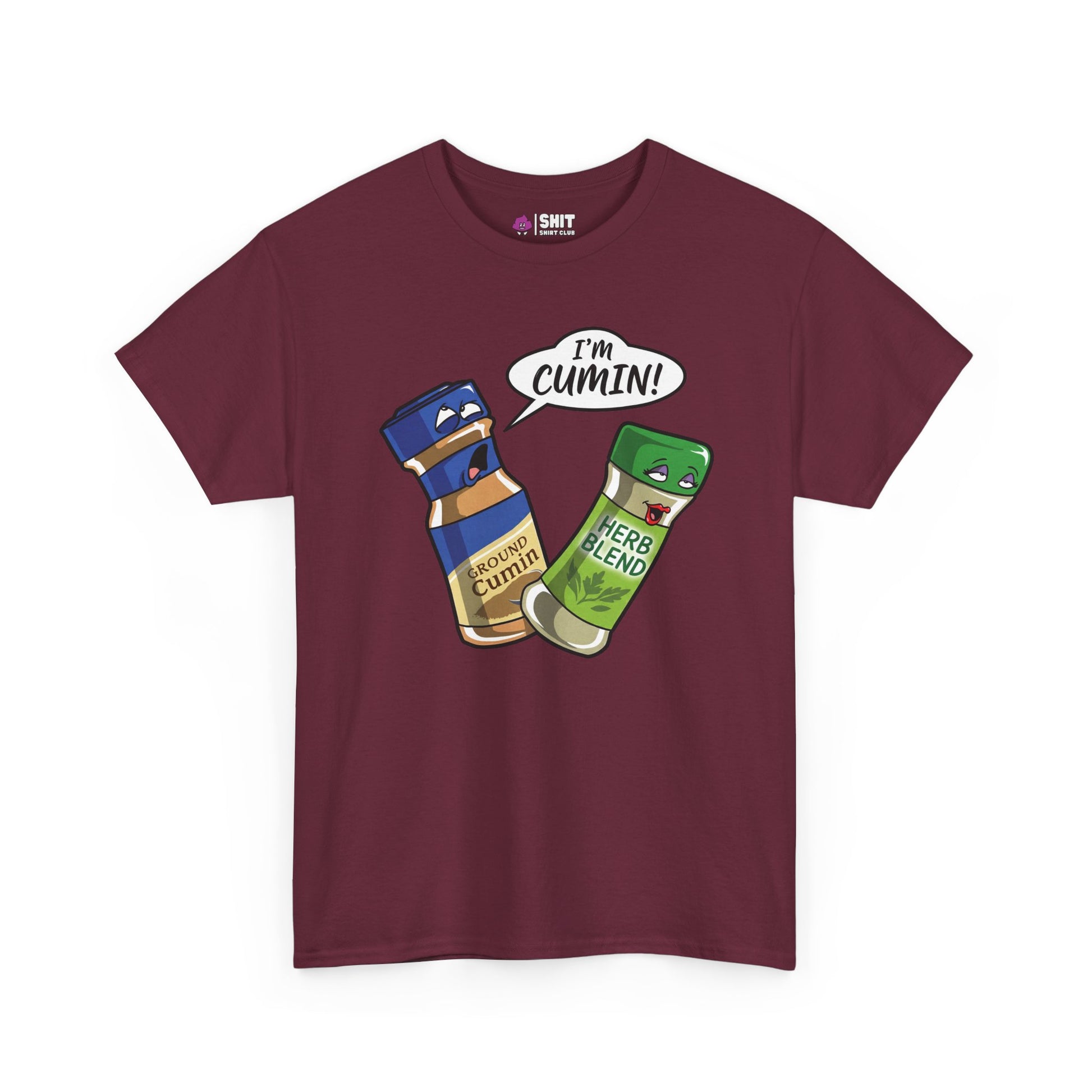 The "I’m Cumin!" Stag Do Tee is a maroon novelty shirt with cartoon spice bottles—one saying “I’m CUMIN!” and another looking surprised—ideal for anyone wanting a funny stag party shirt.