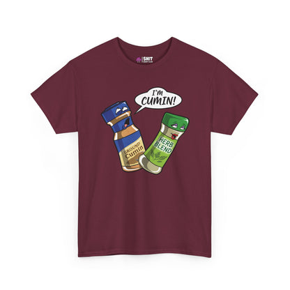 The "I’m Cumin!" Stag Do Tee is a maroon novelty shirt with cartoon spice bottles—one saying “I’m CUMIN!” and another looking surprised—ideal for anyone wanting a funny stag party shirt.