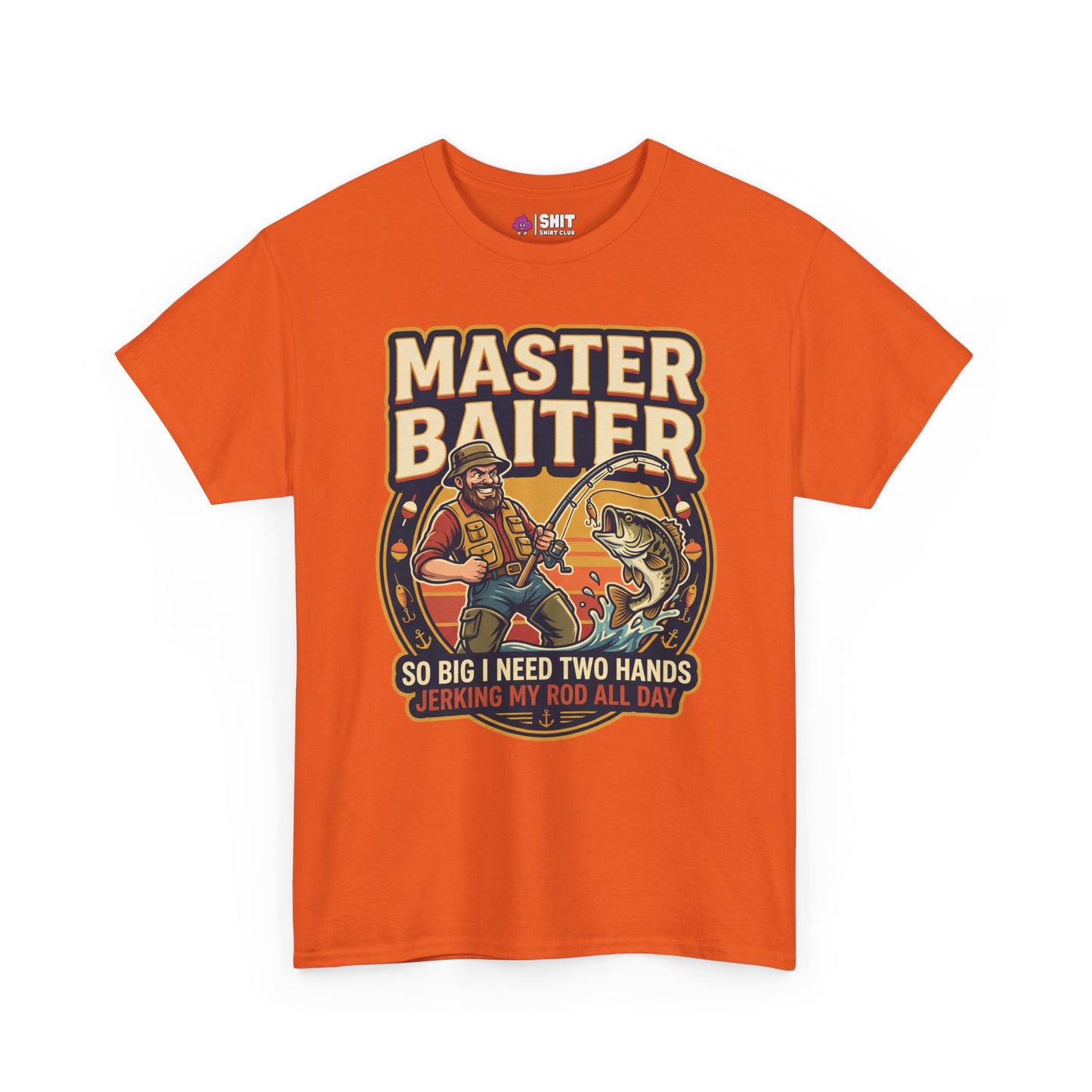 The Master Baiter Rude Fishing Tee is an orange shirt with a cartoon man catching a giant fish and the phrases "MASTER BAITER," “So big I need two hands,” and “Jerking my rod all day”—perfect for fishing fans.