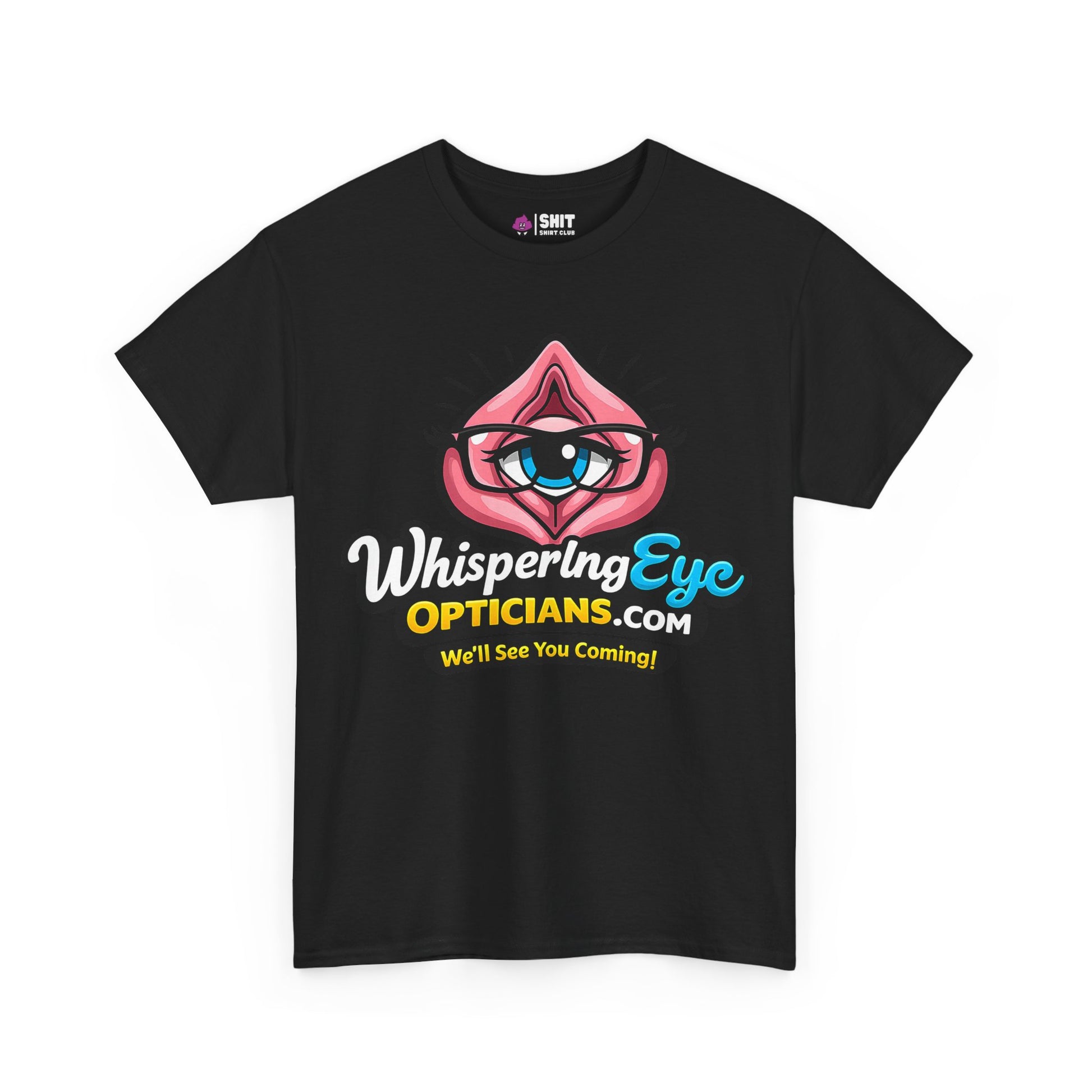 The Whispering Eye Opticians Logo Tee (We'll See You Coming!) is a black stag do t-shirt with a bold lip, blue eye, and glasses design plus cheeky text—perfect for fun events.