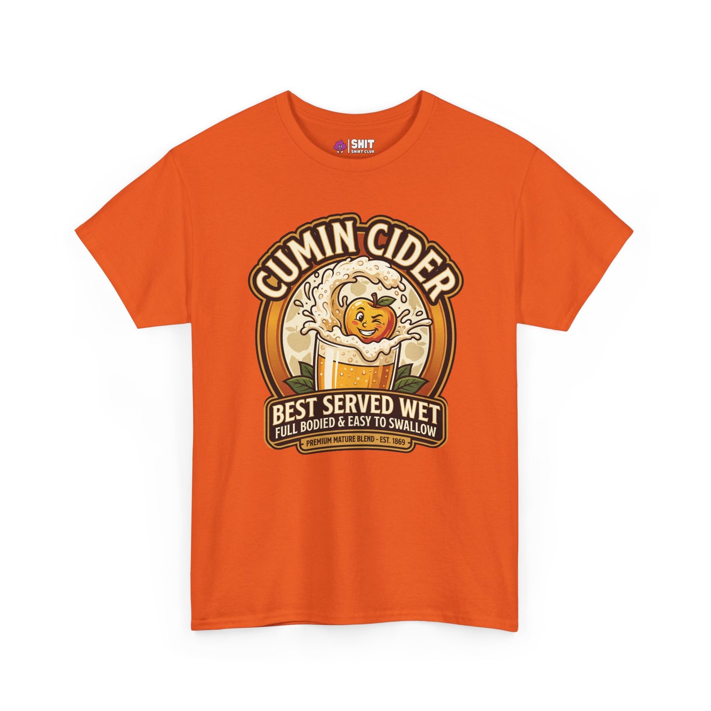 Cumin Cider Stag Do Tee features a label-inspired graphic with a grinning apple splash and cheeky slogans. A funny stag do shirt, perfect for anyone wanting to stand out at parties or on their stag night!.
