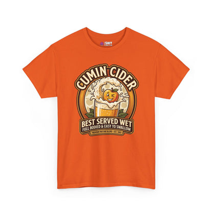 Cumin Cider Stag Do Tee features a label-inspired graphic with a grinning apple splash and cheeky slogans. A funny stag do shirt, perfect for anyone wanting to stand out at parties or on their stag night!.