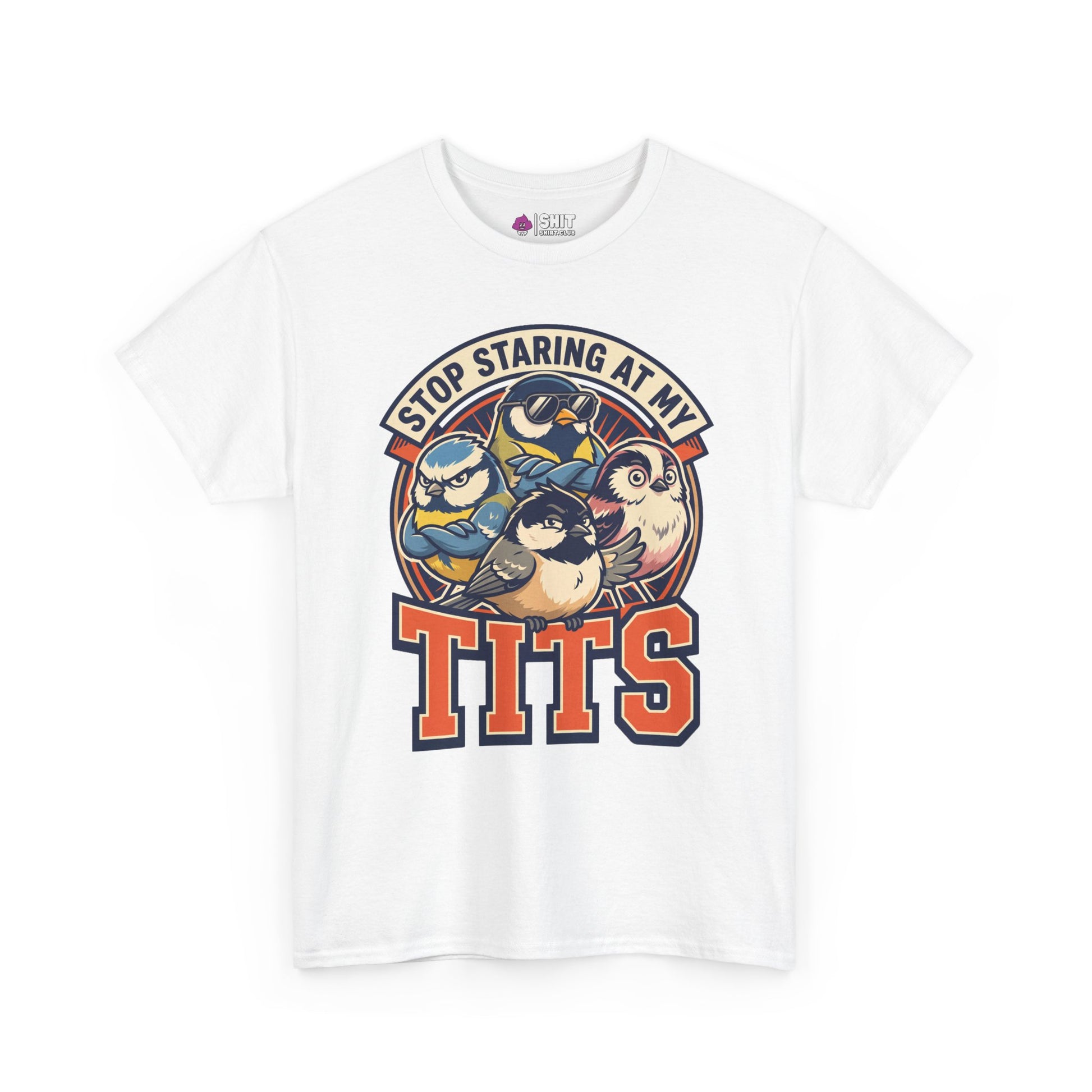 The “Stop Staring at My Tits” Stag Do Tee features cartoon tit birds and a bold funny phrase—ideal as a unique groom gift or stag do outfit.