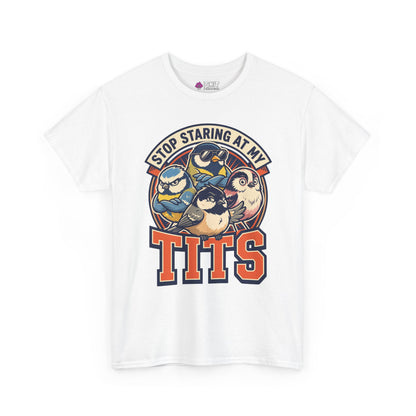 The “Stop Staring at My Tits” Stag Do Tee features cartoon tit birds and a bold funny phrase—ideal as a unique groom gift or stag do outfit.