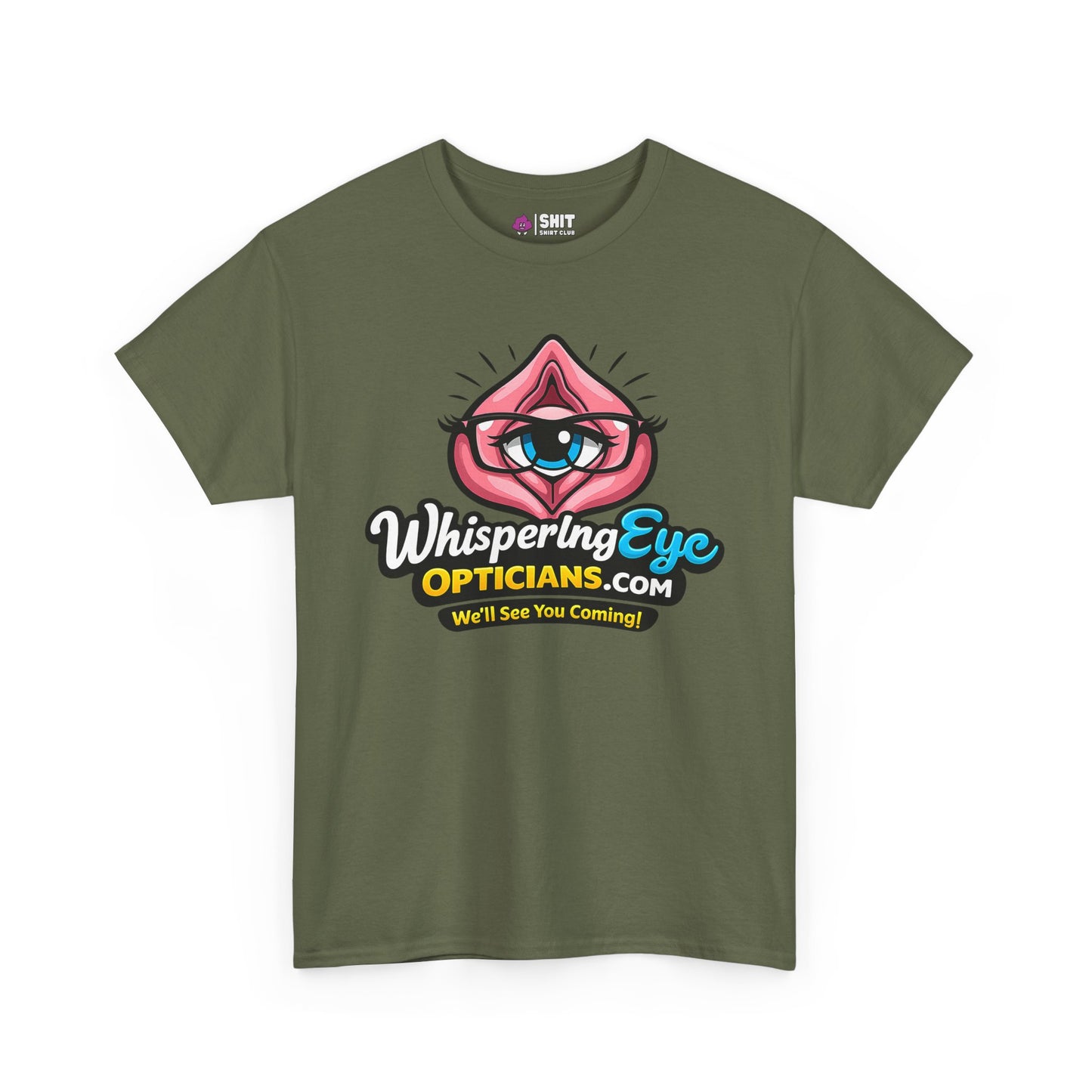 The Whispering Eye Opticians Logo Tee (We'll See You Coming!) is an olive green shirt with a cartoon eye in pink lips and bold, colorful text—a standout stag do top that’s sure to get noticed.