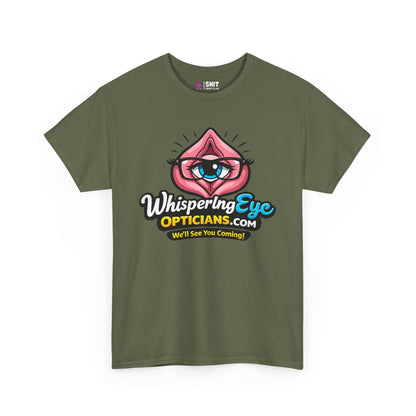 The Whispering Eye Opticians Logo Tee (We'll See You Coming!) is an olive green shirt with a cartoon eye in pink lips and bold, colorful text—a standout stag do top that’s sure to get noticed.