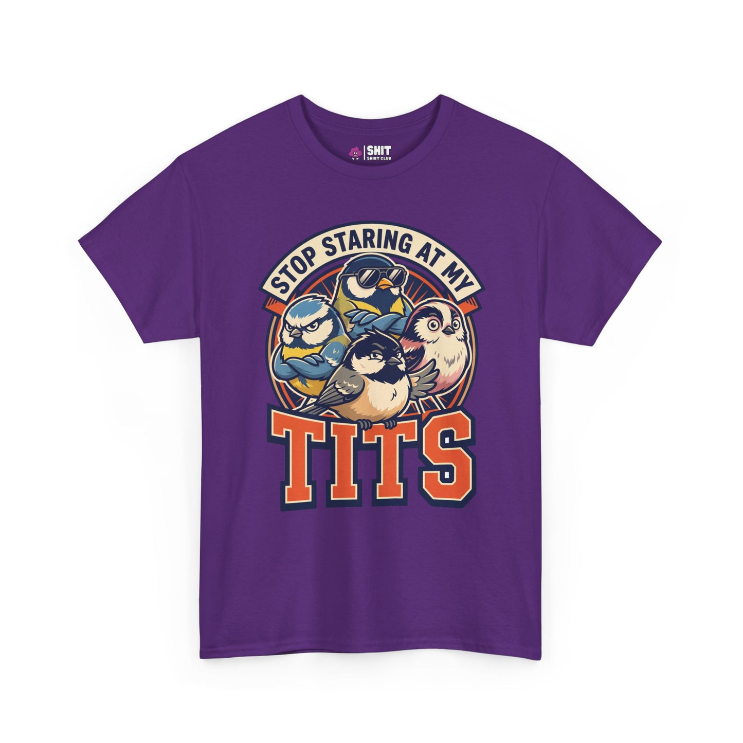 The “Stop Staring at My Tits” Stag Do Tee features cartoon tit birds and a bold funny slogan—ideal for stag do outfits or as a hilarious groom gift.