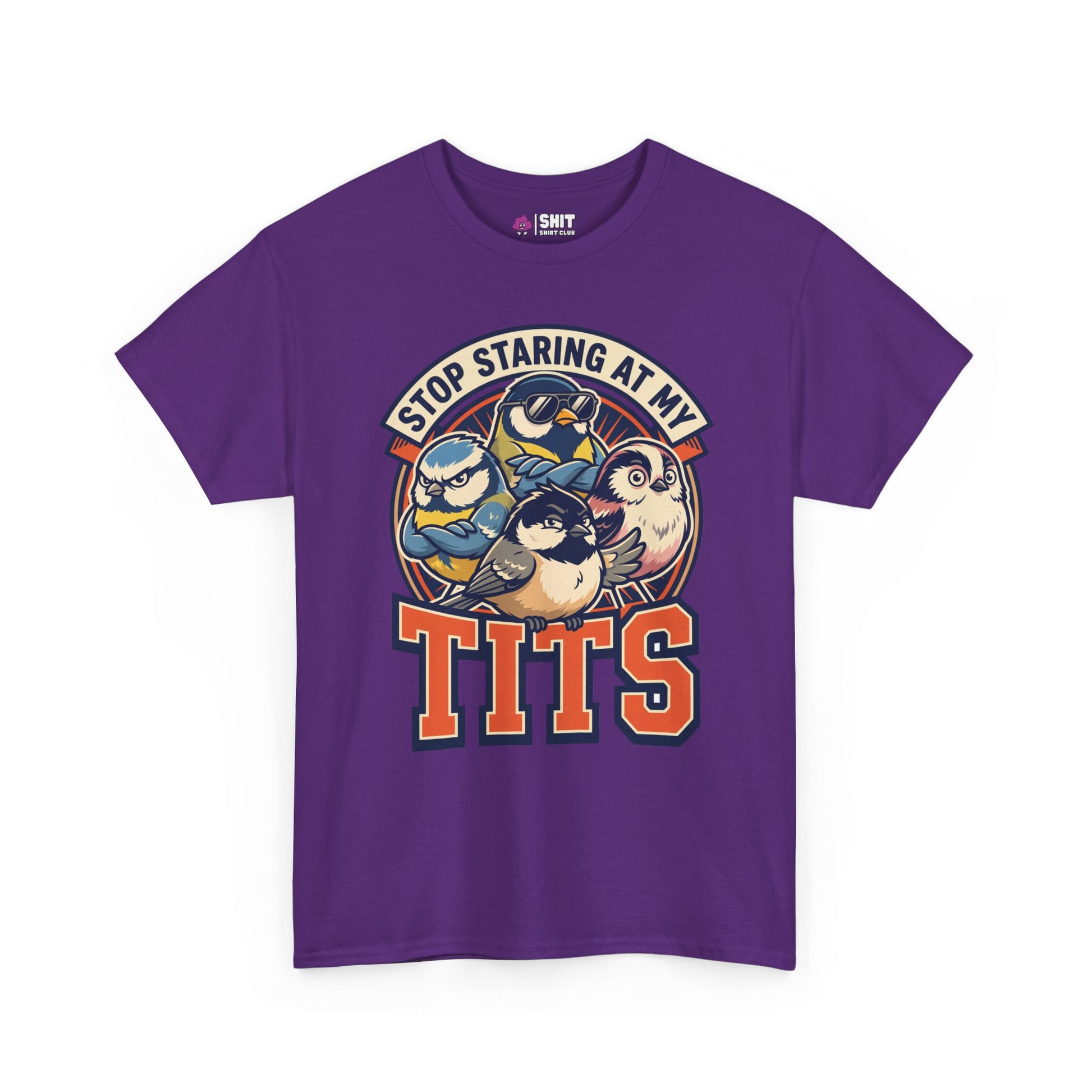 The “Stop Staring at My Tits” Stag Do Tee features cartoon tit birds and a bold funny slogan—ideal for stag do outfits or as a hilarious groom gift.