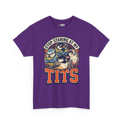 The “Stop Staring at My Tits” Stag Do Tee features cartoon tit birds and a bold funny slogan—ideal for stag do outfits or as a hilarious groom gift.