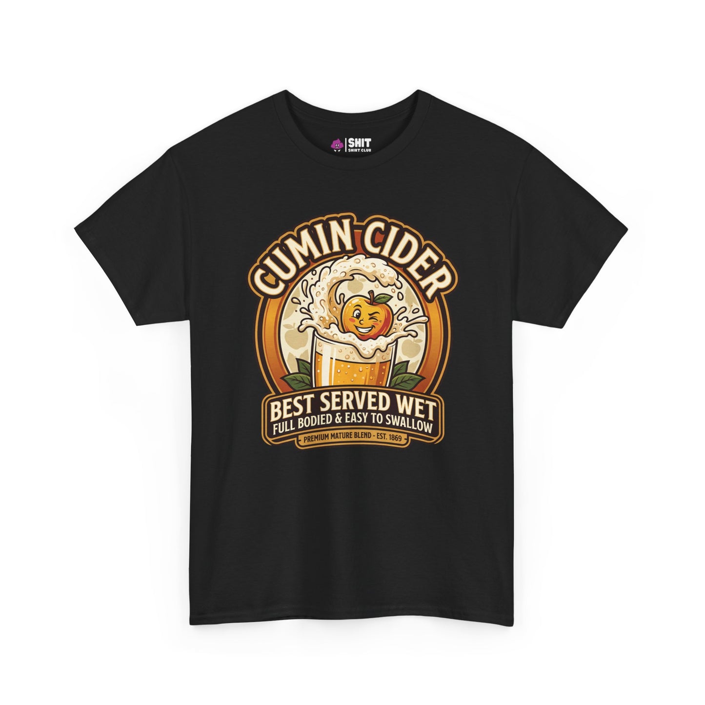 The Cumin Cider Stag Do Tee features a “Cumin Cider” print with a happy apple splashing into cider and the text: “Best Served Wet. Full Bodied & Easy to Swallow. Premium Natural Blend. Est. 1983.” Perfect funny stag do shirt!.
