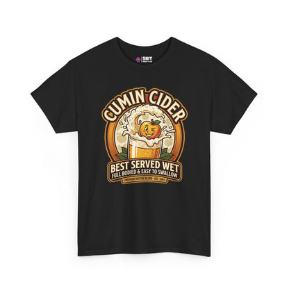 The Cumin Cider Stag Do Tee features a “Cumin Cider” print with a happy apple splashing into cider and the text: “Best Served Wet. Full Bodied & Easy to Swallow. Premium Natural Blend. Est. 1983.” Perfect funny stag do shirt!.