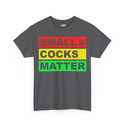 The Small Cocks Matter Tee is a dark gray shirt with bold red, yellow, and green blocks plus a rooster head graphic—perfect as a funny bachelor party or stag do t-shirt.