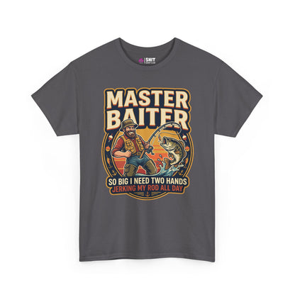 The Master Baiter Rude Fishing Tee showcases a cartoon man fishing with a giant catch and the cheeky lines: "MASTER BAITER, So big I need two hands, Jerking my rod all day." Perfect funny gift for anglers with humor.
