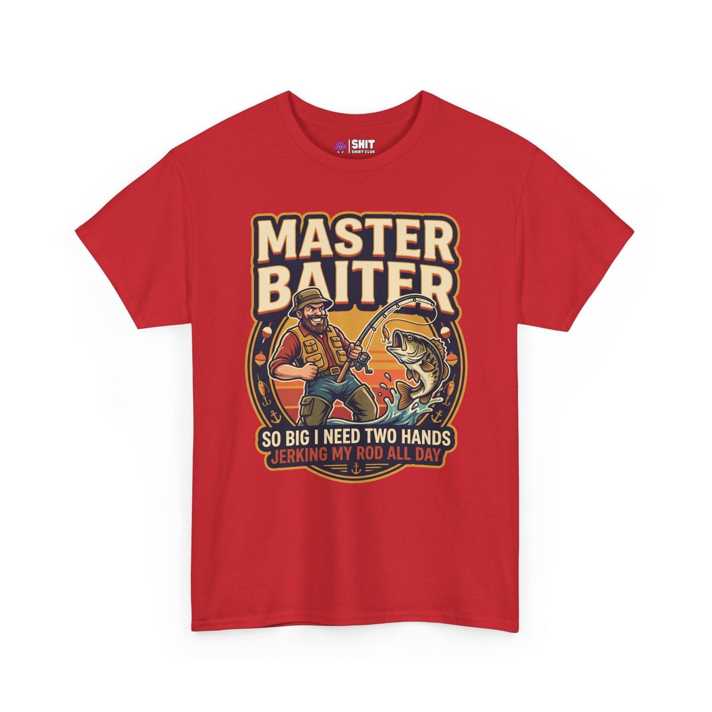The Master Baiter Rude Fishing Tee features a cartoon fisherman with his catch and bold, cheeky text: MASTER BAITER—so big I need two hands, jerking my rod all day. Ideal for fishing fans with a sense of humor!.