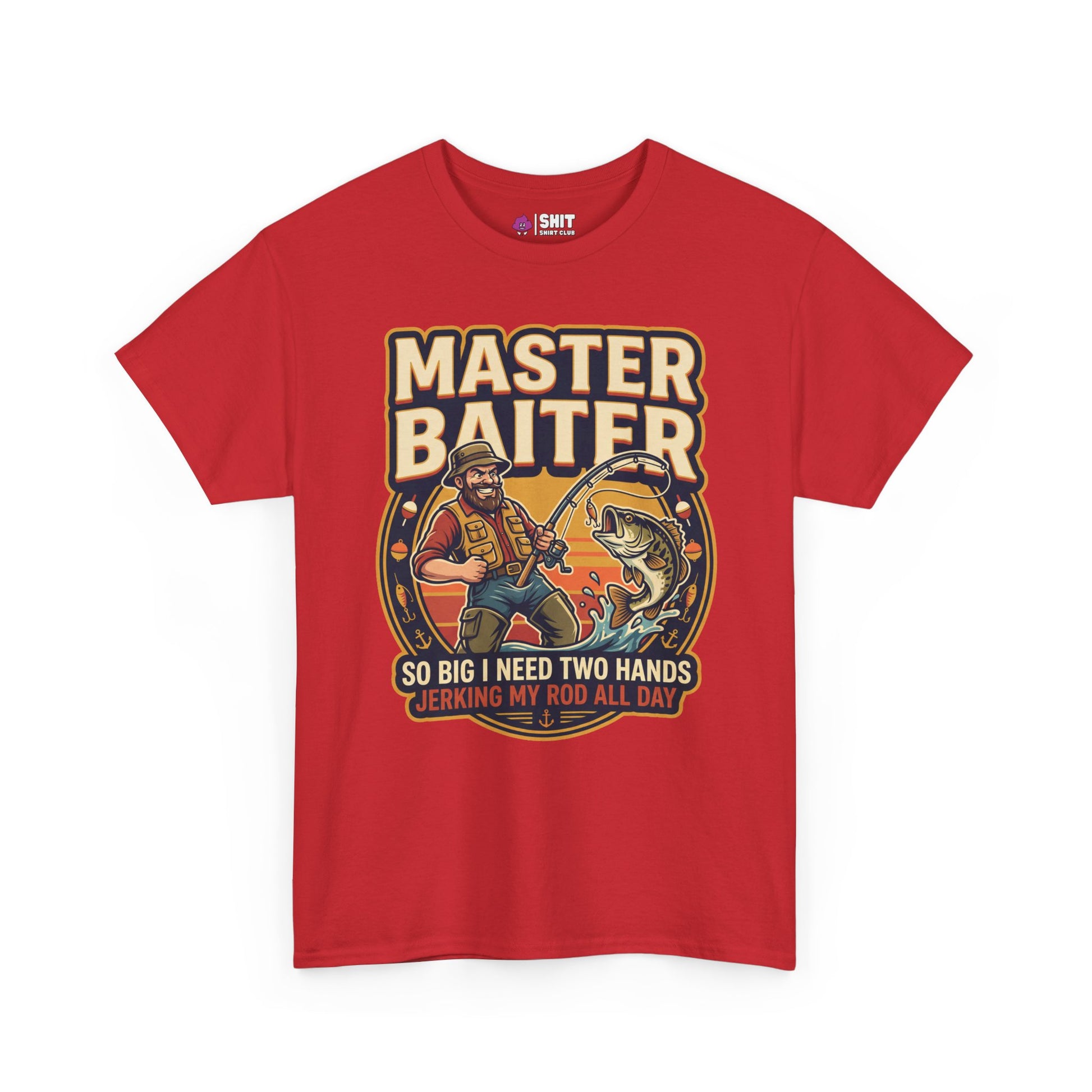 The Master Baiter Rude Fishing Tee features a cartoon fisherman with his catch and bold, cheeky text: MASTER BAITER—so big I need two hands, jerking my rod all day. Ideal for fishing fans with a sense of humor!.