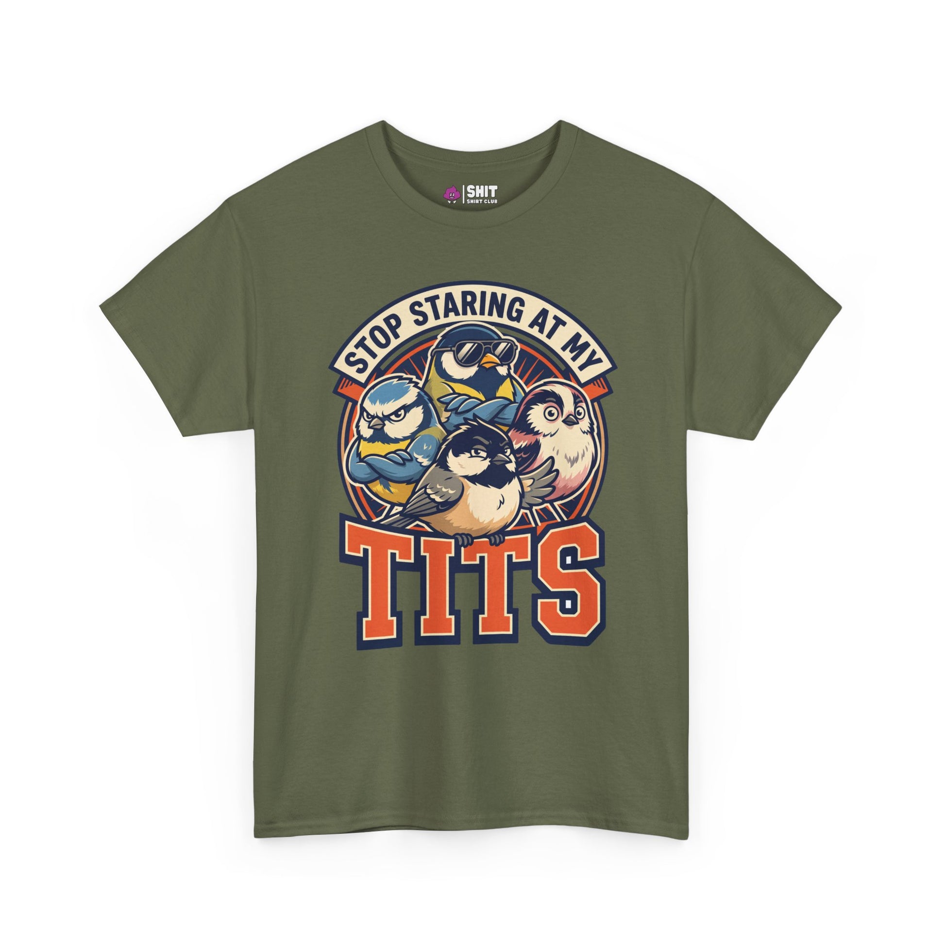 The “Stop Staring at My Tits” Stag Do Tee is an olive green shirt with three cartoon birds and bold text—an ideal funny groom gift or stag do essential for those with a cheeky sense of humor.