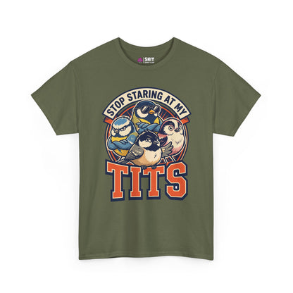 The “Stop Staring at My Tits” Stag Do Tee is an olive green shirt with three cartoon birds and bold text—an ideal funny groom gift or stag do essential for those with a cheeky sense of humor.