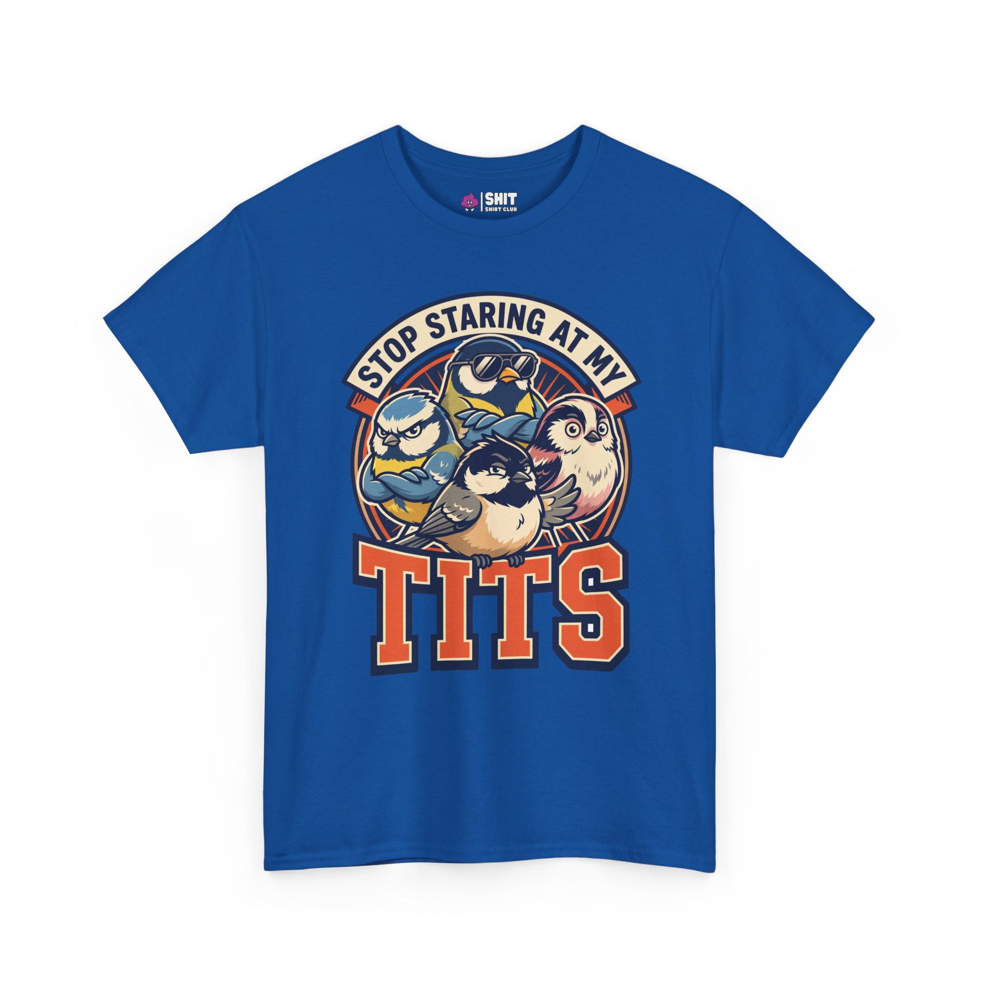 The “Stop Staring at My Tits” Stag Do Tee is a blue t-shirt with tit bird illustrations and bold text—a hilarious gift for the groom or anyone looking for funny stag do outfits.