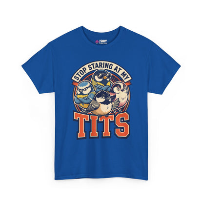 The “Stop Staring at My Tits” Stag Do Tee is a blue t-shirt with tit bird illustrations and bold text—a hilarious gift for the groom or anyone looking for funny stag do outfits.