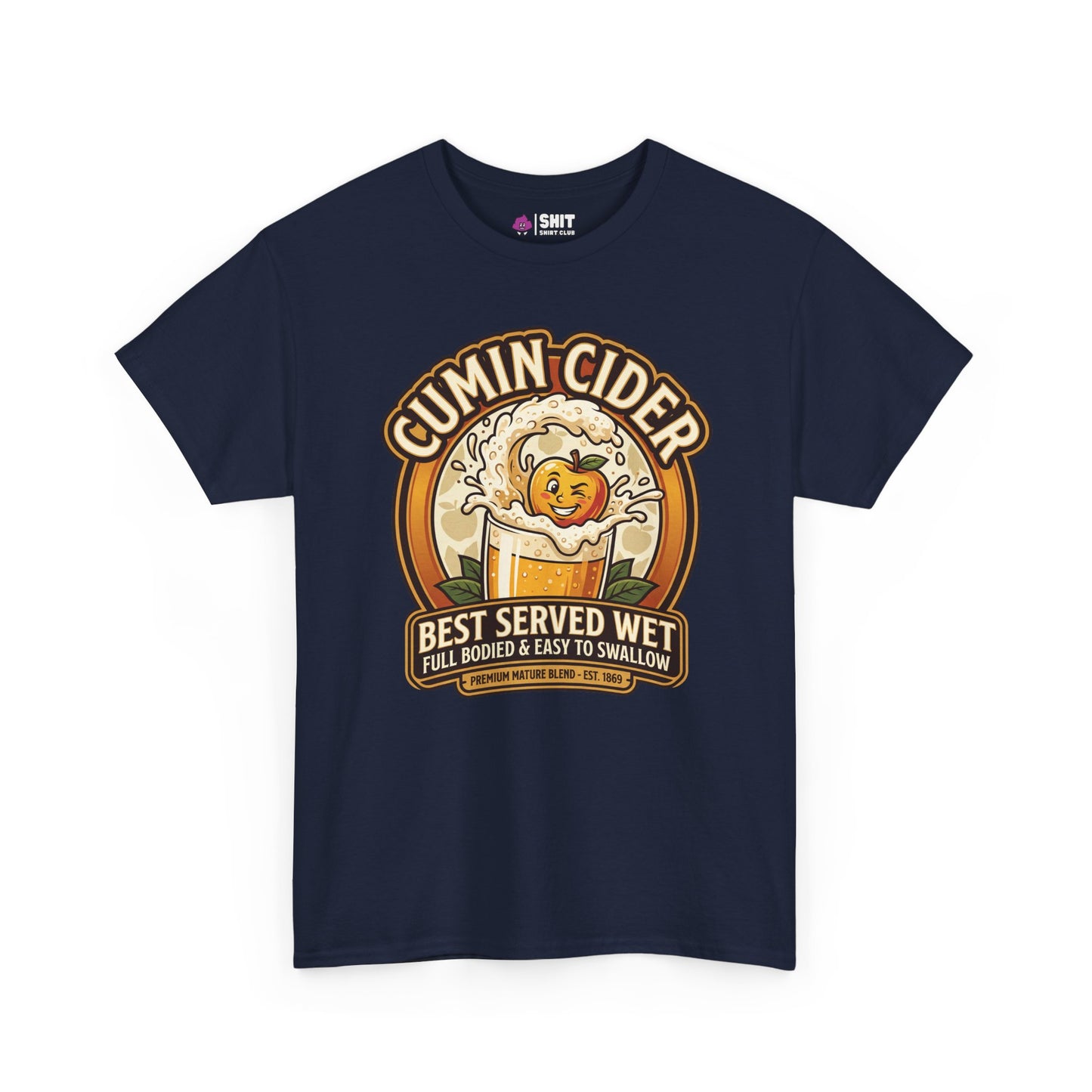 The Cumin Cider Stag Do Tee is a navy blue shirt with a cartoon cider glass and smiling apple, plus the text: "Cumin Cider - Best Served Wet - Full Bodied & Easy to Swallow." Great funny stag do or groom gift!.