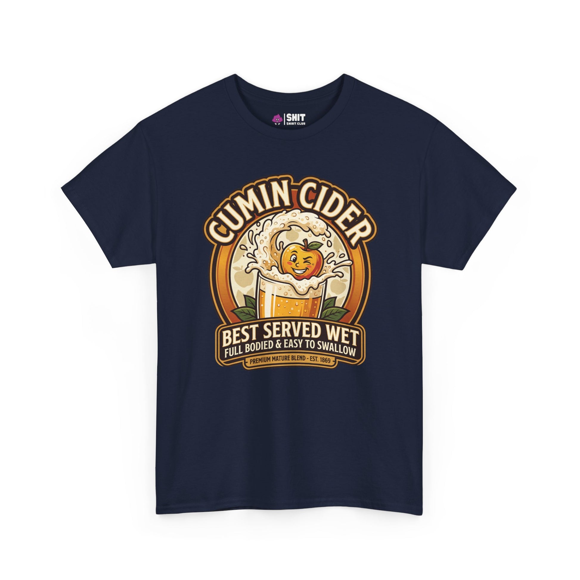 The Cumin Cider Stag Do Tee is a navy blue shirt with a cartoon cider glass and smiling apple, plus the text: "Cumin Cider - Best Served Wet - Full Bodied & Easy to Swallow." Great funny stag do or groom gift!.