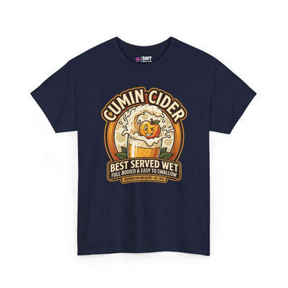 The Cumin Cider Stag Do Tee is a navy blue shirt with a cartoon cider glass and smiling apple, plus the text: "Cumin Cider - Best Served Wet - Full Bodied & Easy to Swallow." Great funny stag do or groom gift!.