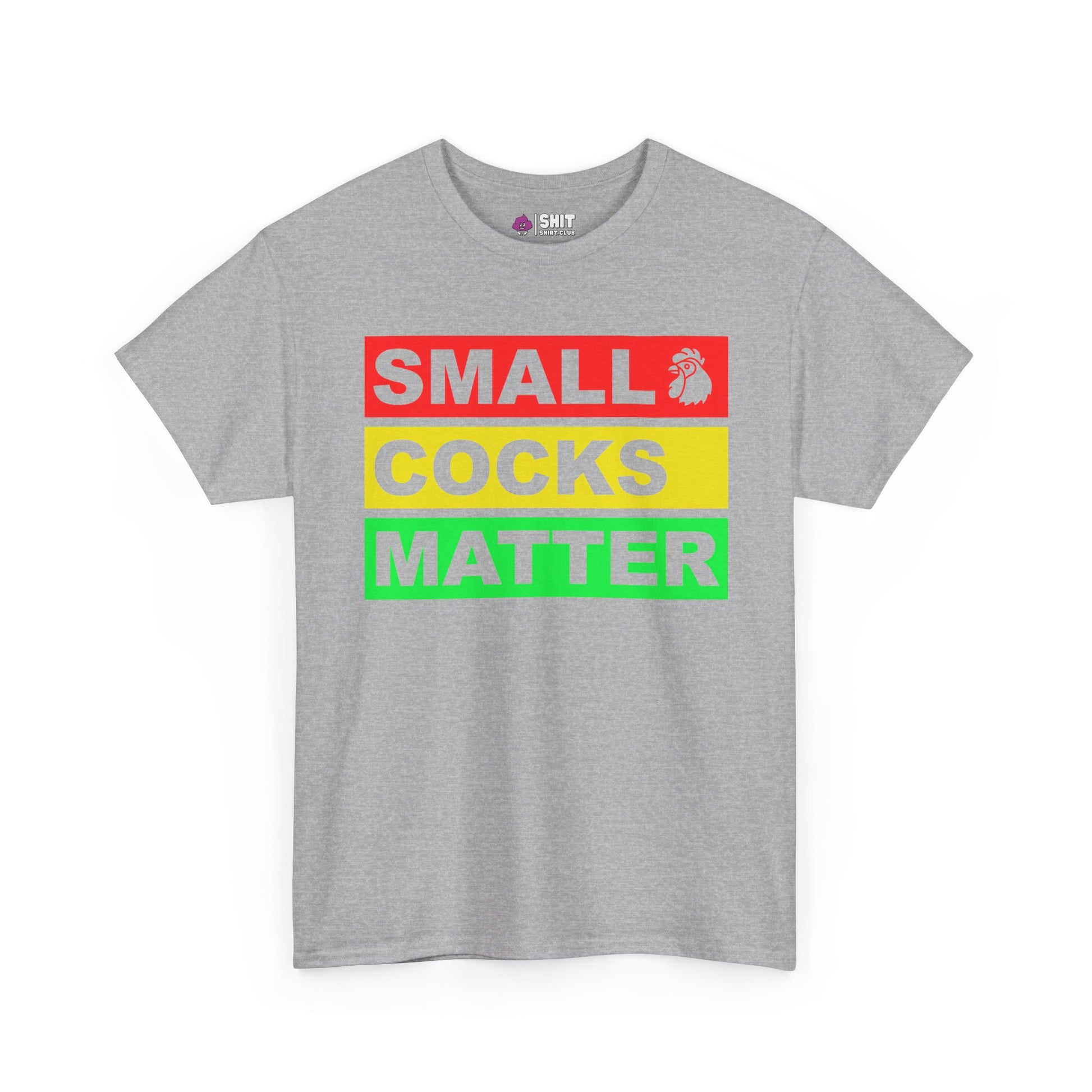 The Small Cocks Matter Stag Do Tee features bold red, yellow, and green text with a rooster icon—a fun shirt that adds cheeky humour and body confidence to your stag do.