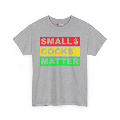 The Small Cocks Matter Stag Do Tee features bold red, yellow, and green text with a rooster icon—a fun shirt that adds cheeky humour and body confidence to your stag do.